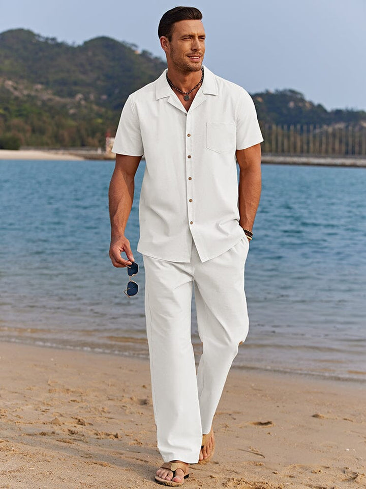 Santiago | Effortless White Linen Beach Set Short Sleeve