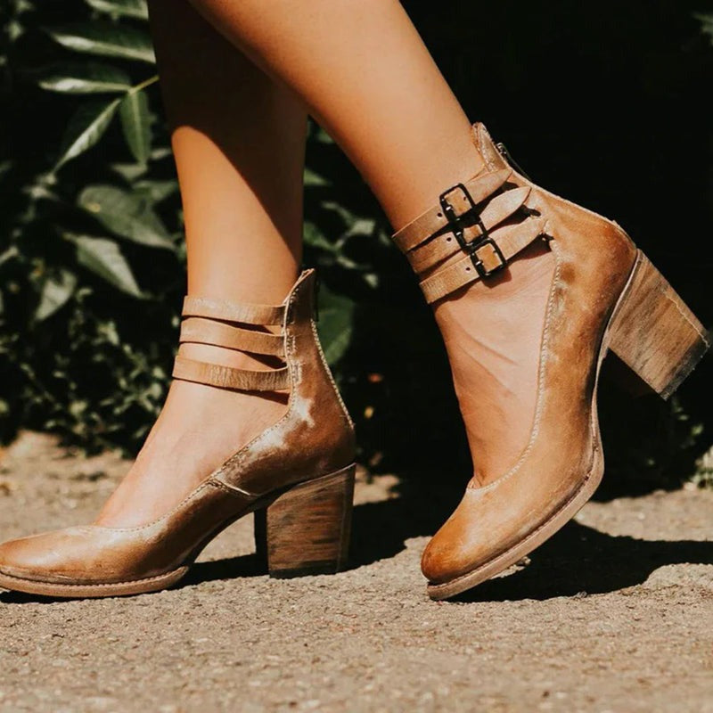 Tessa | Stylish Tan Leather Block Heel Ankle Boots