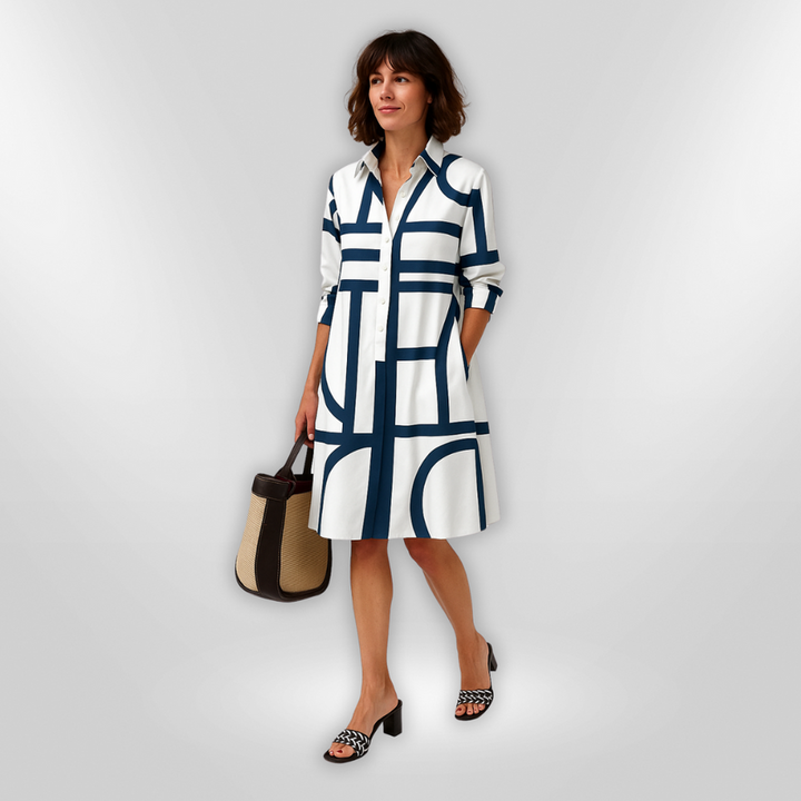 Freya | Chic Geometric Print Shirt Midi Dress With Pockets