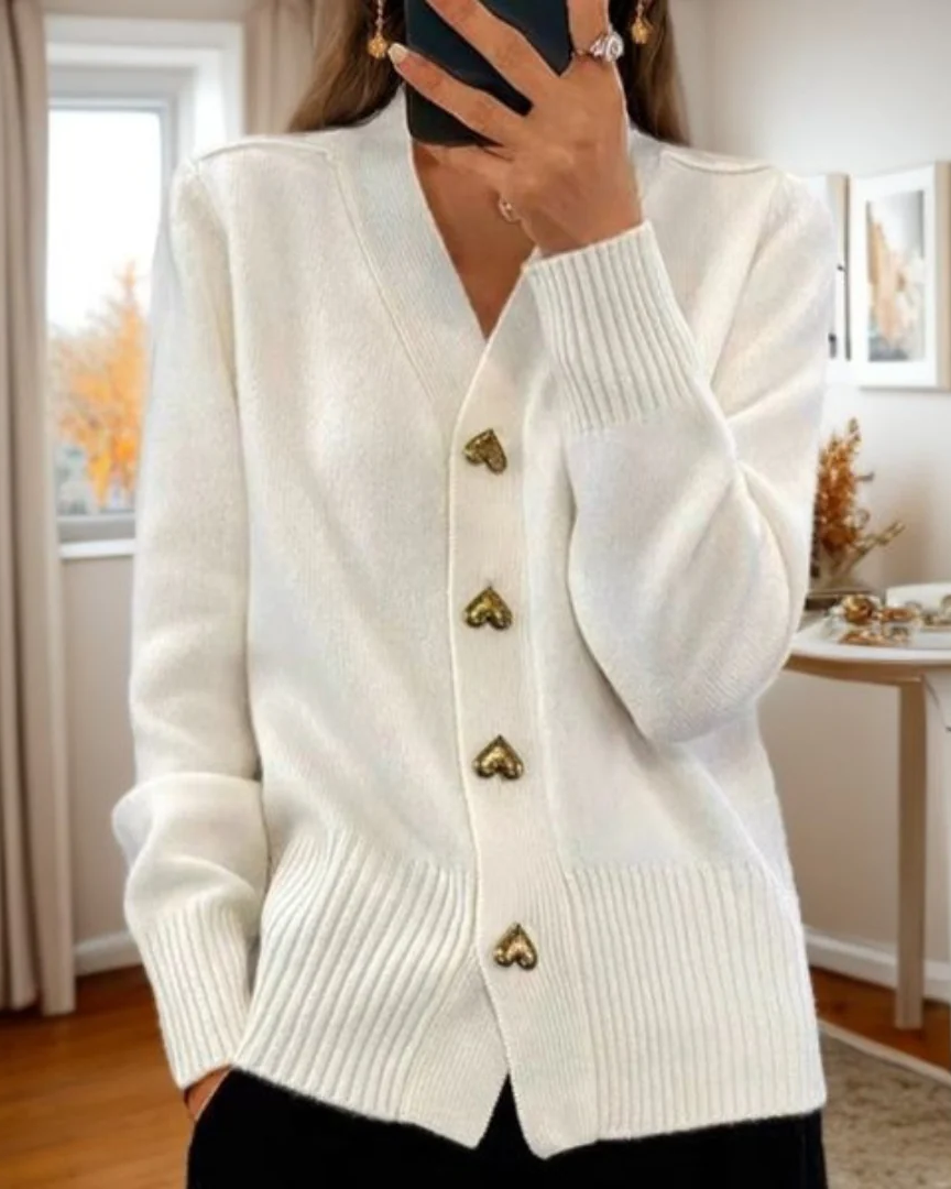 Sybil | Elegant V-Neck Heart Button Cardigan