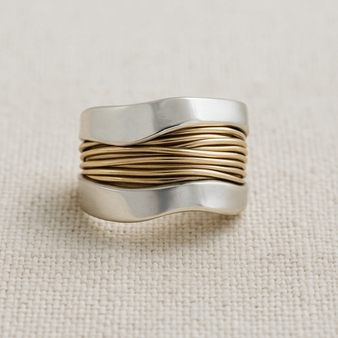 Serena | Elegant Silver Golden Wire Wrap Statement Ring