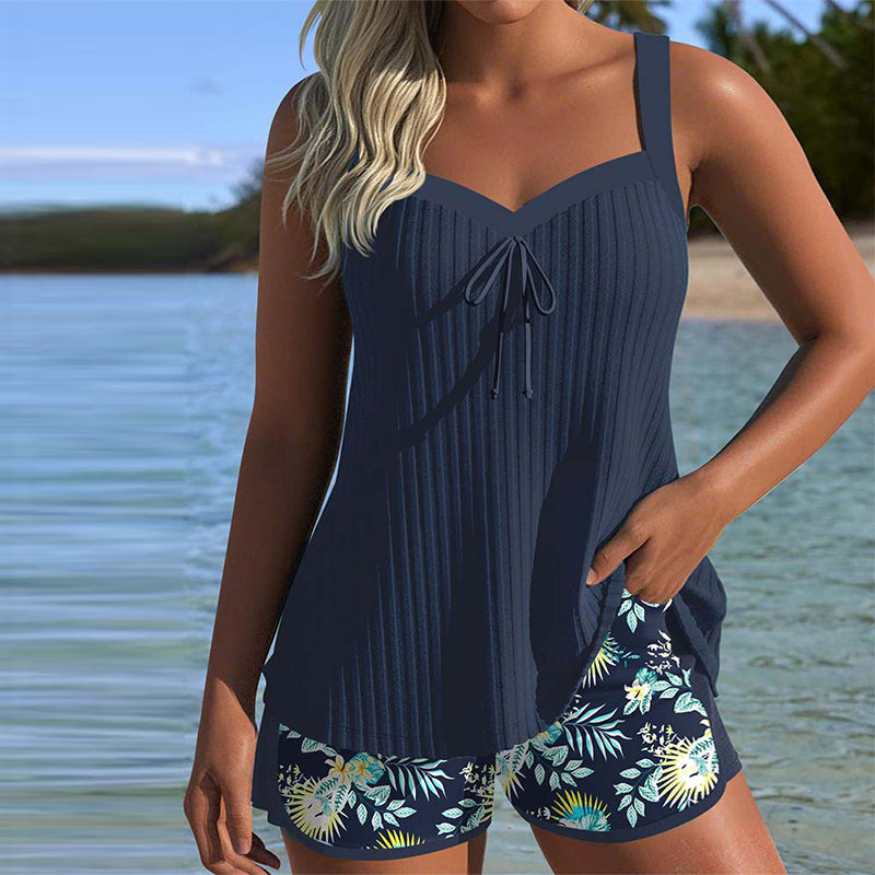 Hazel | Chic Ribbed Tankini Set With Floral Print Swim Shorts