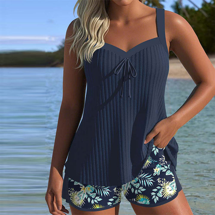 Hazel | Chic Ribbed Tankini Set With Floral Print Swim Shorts