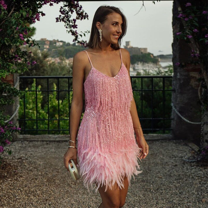 Cordelia | Elegant White Fringe Feather Mini Dress