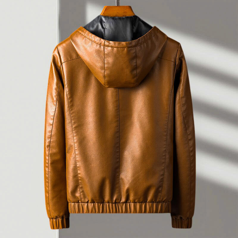 Hazel | Sleek Hooded Brown Leather Zip-Up Jacket For Men
