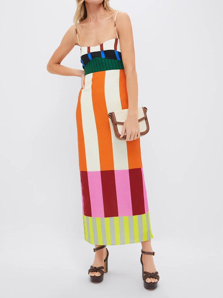 Bengal | Elegant Color Block Striped Maxi Dress Spaghetti Strap