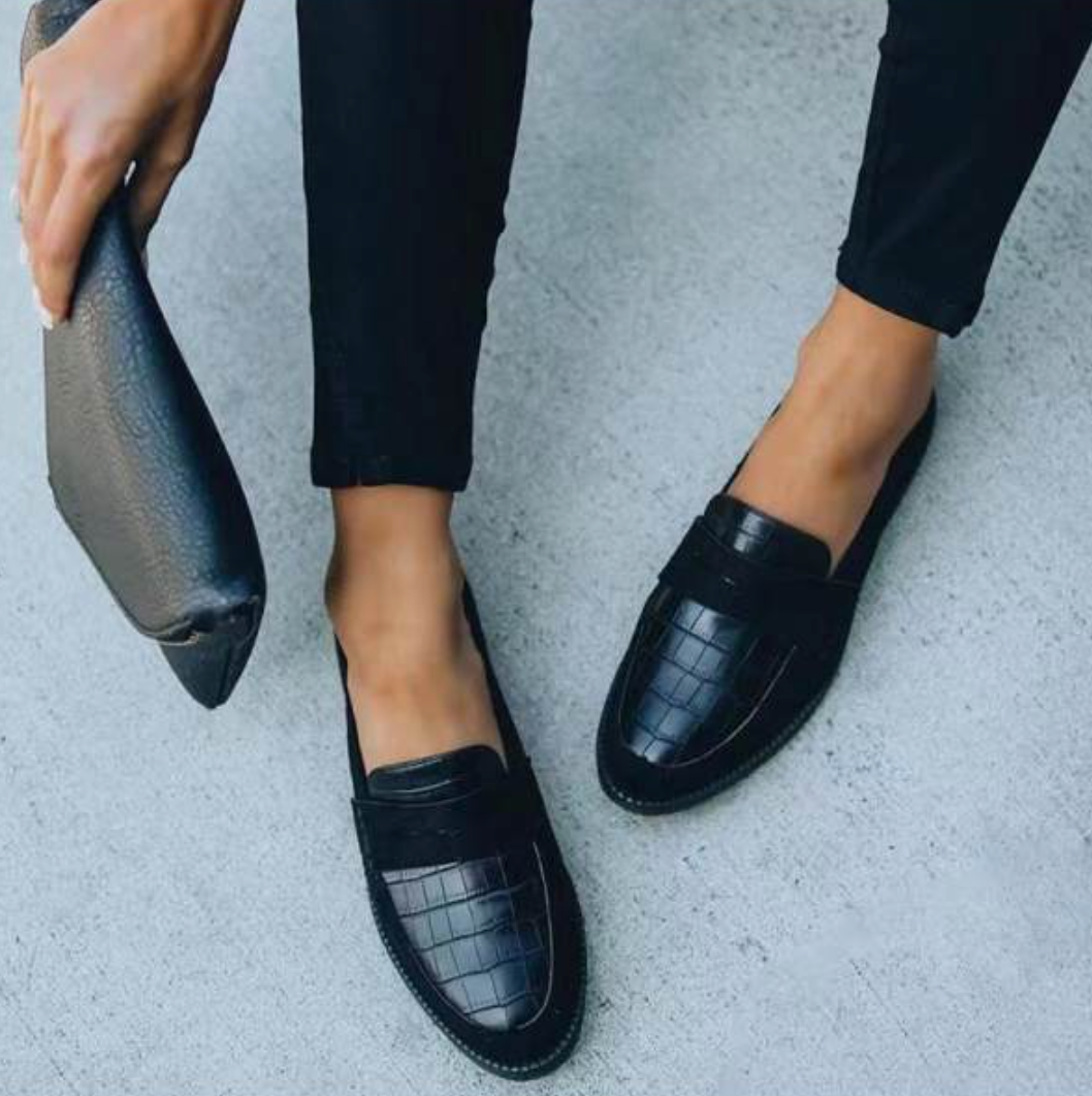 Nadège | Elegant Black Croc Embossed Slip-On Loafers For Women