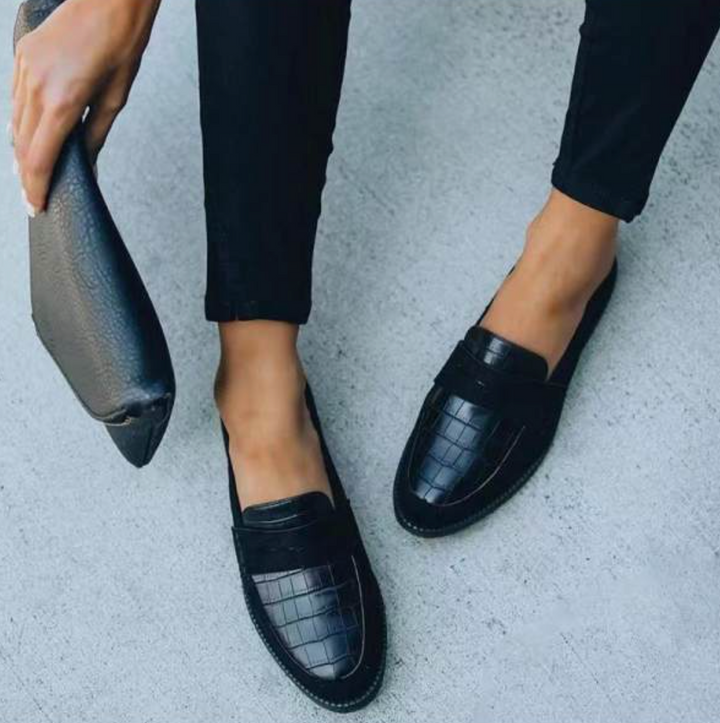 Nadège | Elegant Black Croc Embossed Slip-On Loafers For Women