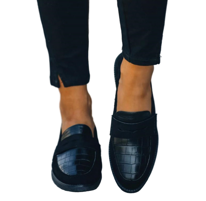 Nadège | Elegant Black Croc Embossed Slip-On Loafers For Women