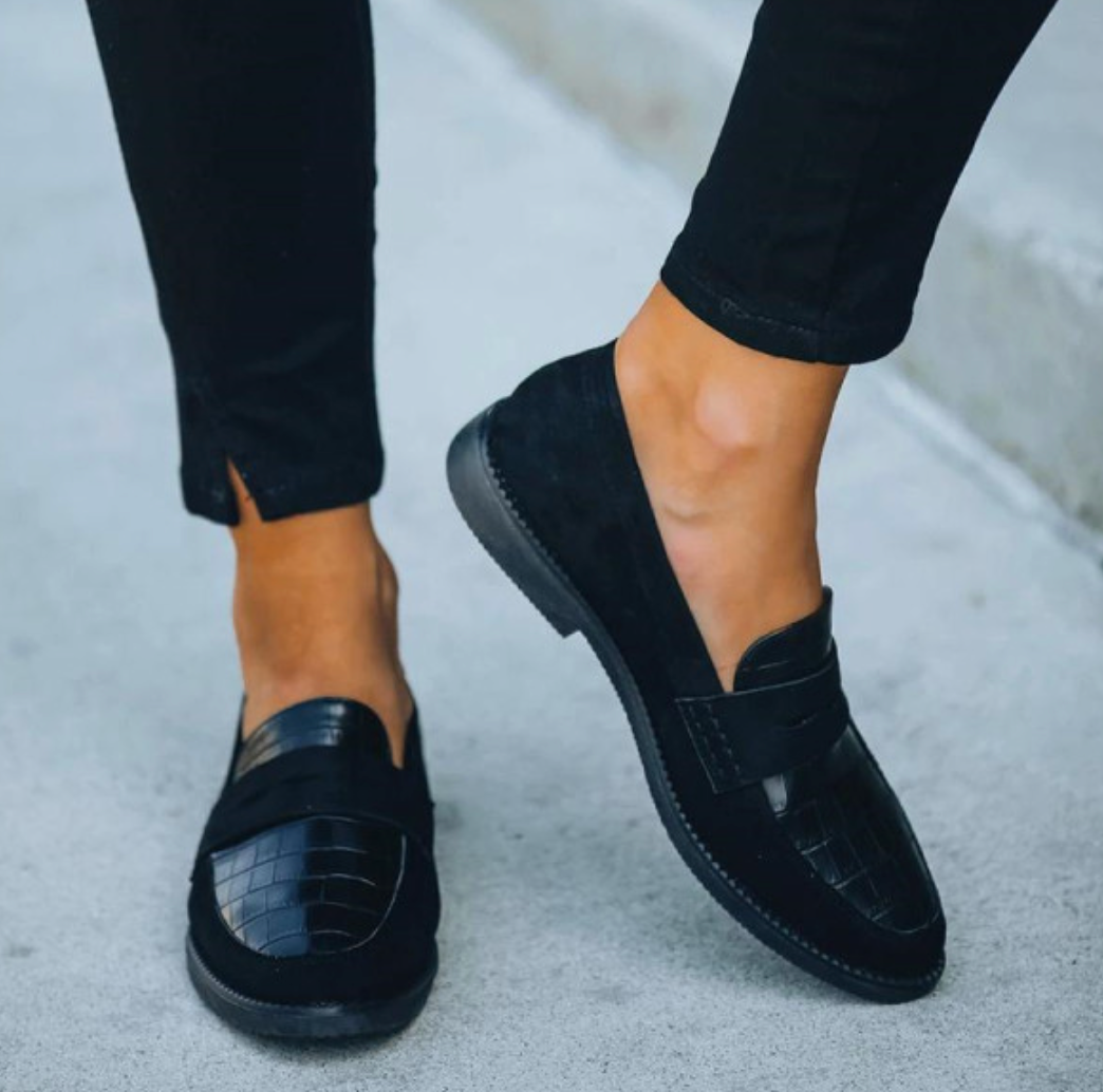 Zara | Chic Black Croc Embossed Slip-On Loafers For Women