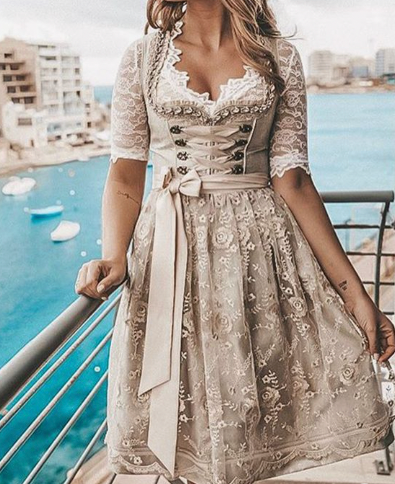 Lara | Elegant Lace Midi Dirndl Dress With Lace-Up Bodice