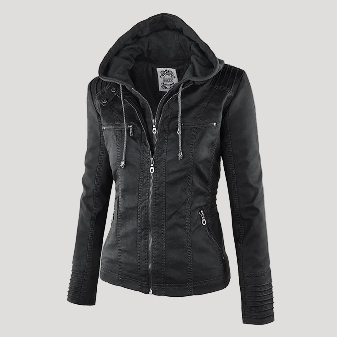 Zara | Chic Hooded Faux Leather Moto Jacket With Zip Details