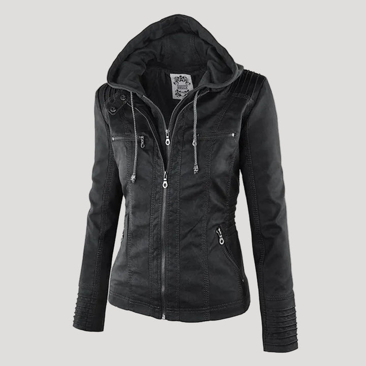 Zara | Chic Hooded Faux Leather Moto Jacket With Zip Details