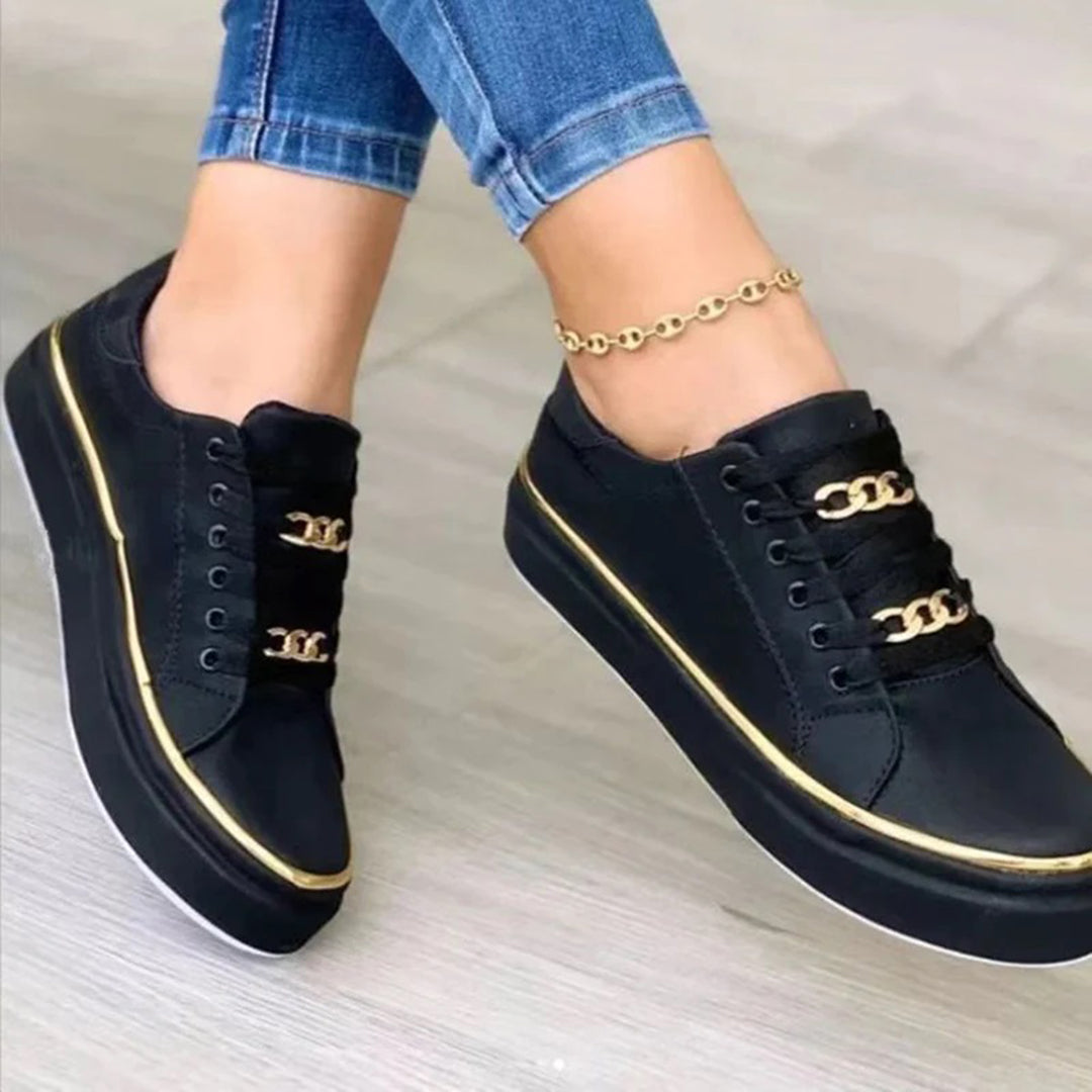 Florence | Chic White Platform Sneakers With Gold Chain Details