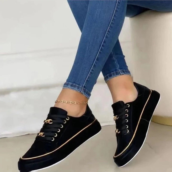 Valeria | Elegant White Platform Sneakers With Gold Chain Details