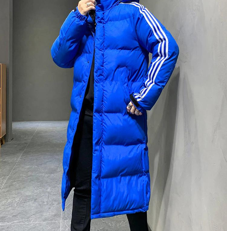 Phoebe | Sleek Men's Long Hooded Puffer Coat With Sport Stripes