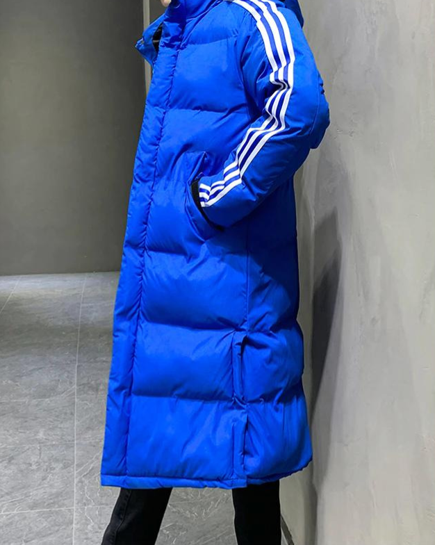 Phoebe | Sleek Men's Long Hooded Puffer Coat With Sport Stripes
