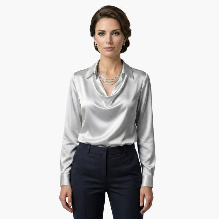 Cora | Elegant Cowl Neck Satin Blouse Long Sleeve