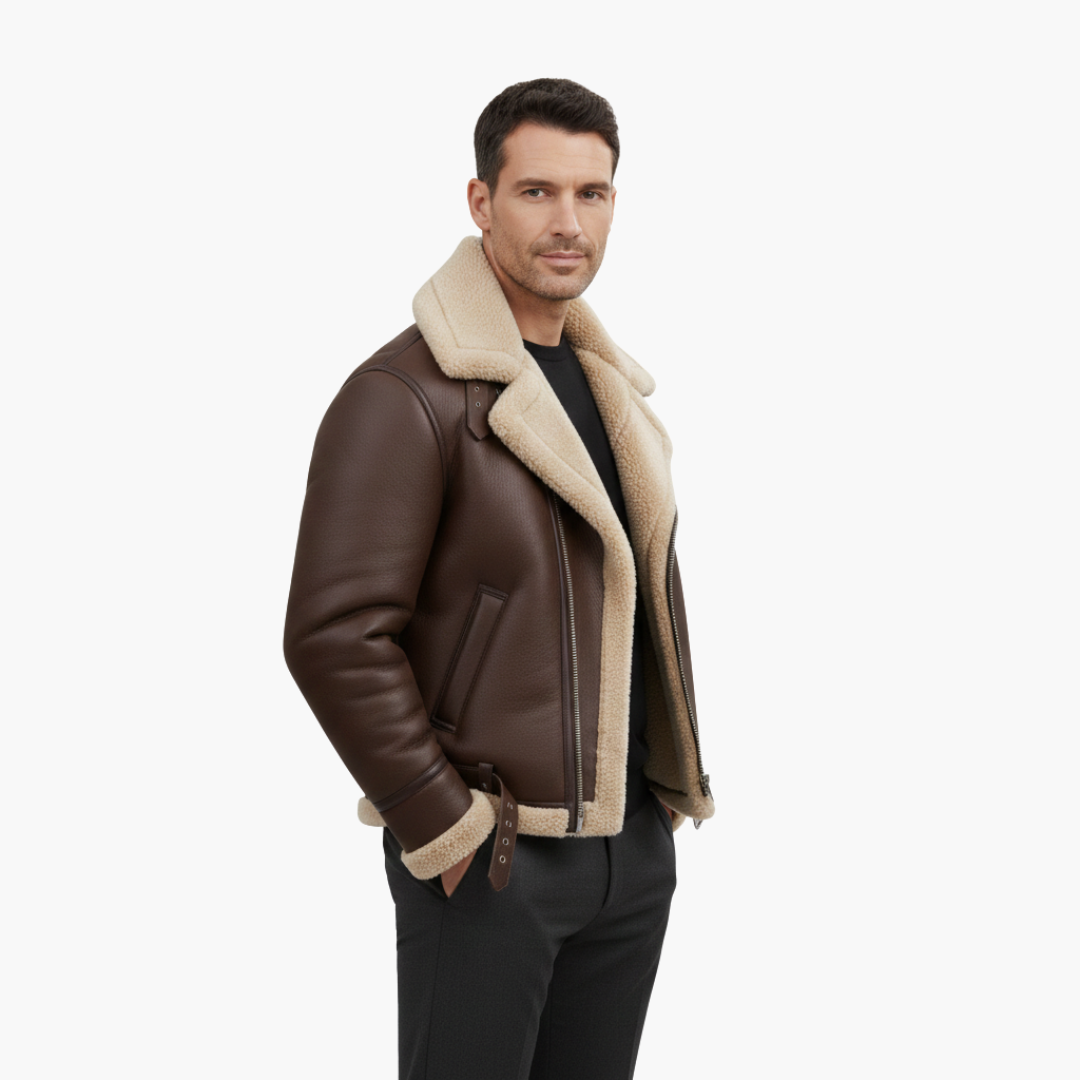 Theodore | Stylish Brown Leather Aviator Jacket With Shearling Collar
