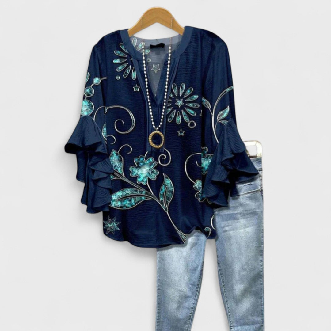 Evy | Elegant Floral Print V-Neck Blouse With Flutter Sleeves