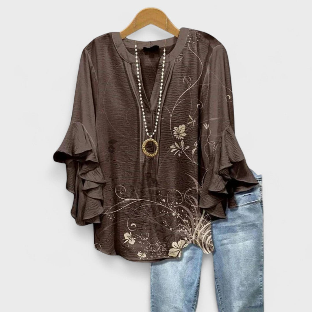 Evy | Elegant Floral Print V-Neck Blouse With Flutter Sleeves