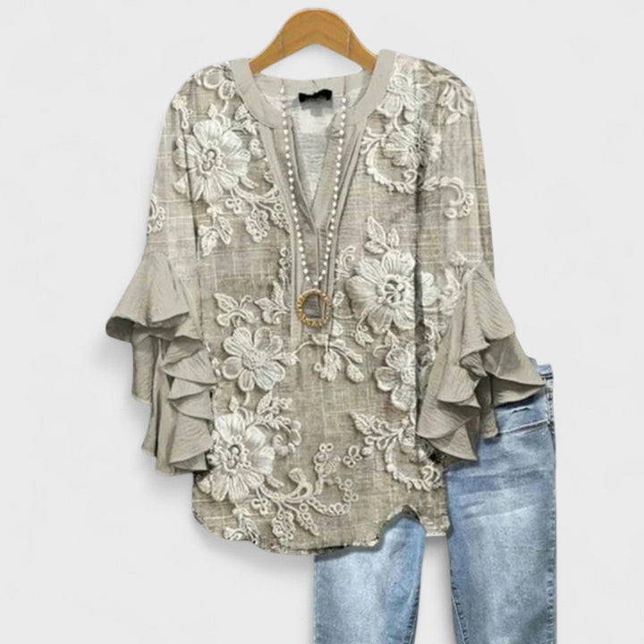 Evy | Elegant Floral Print V-Neck Blouse With Flutter Sleeves