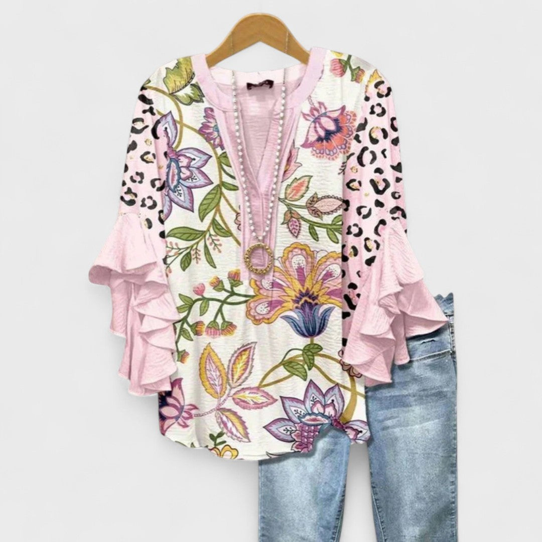 Evy | Elegant Floral Print V-Neck Blouse With Flutter Sleeves
