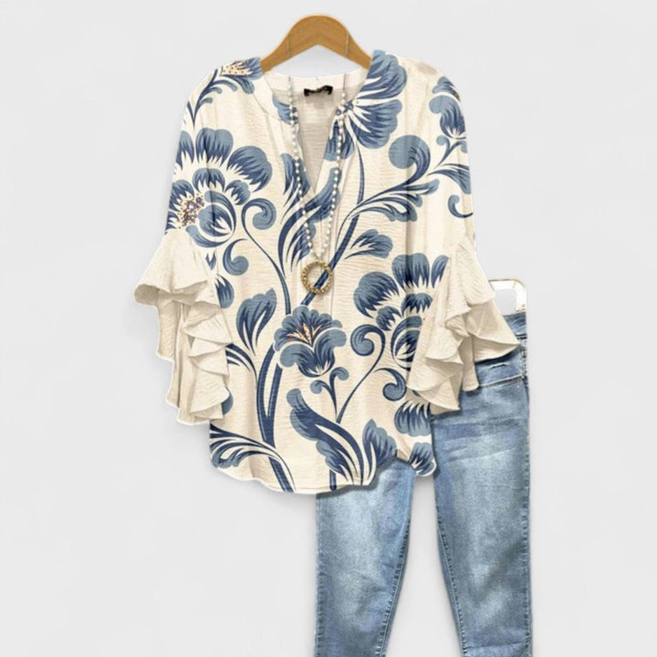 Evy | Elegant Floral Print V-Neck Blouse With Flutter Sleeves