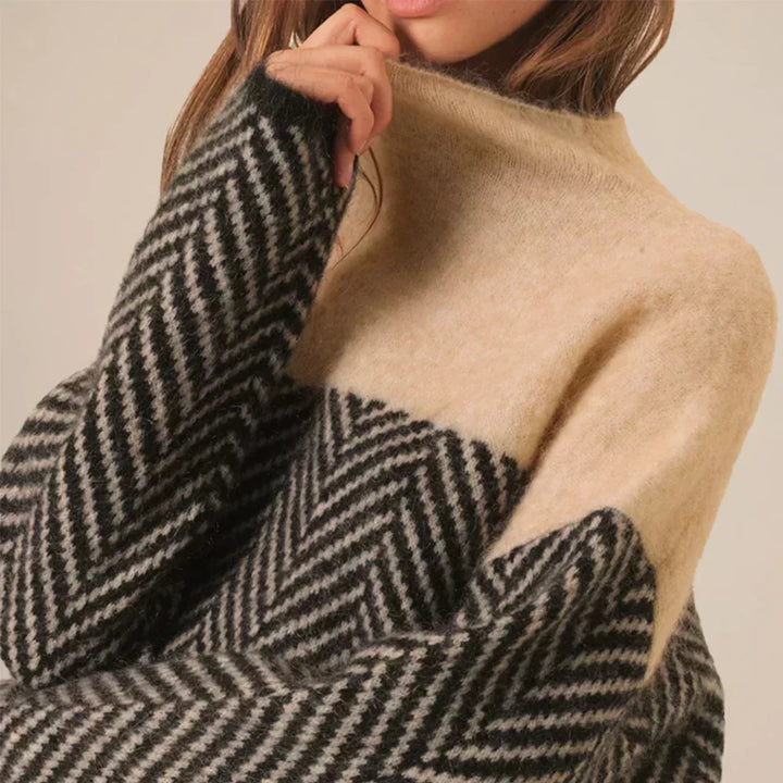 Cora | Chic Two-Tone Herringbone High Neck Sweater