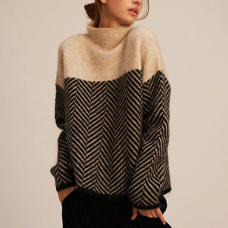 Cora | Chic Two-Tone Herringbone High Neck Sweater