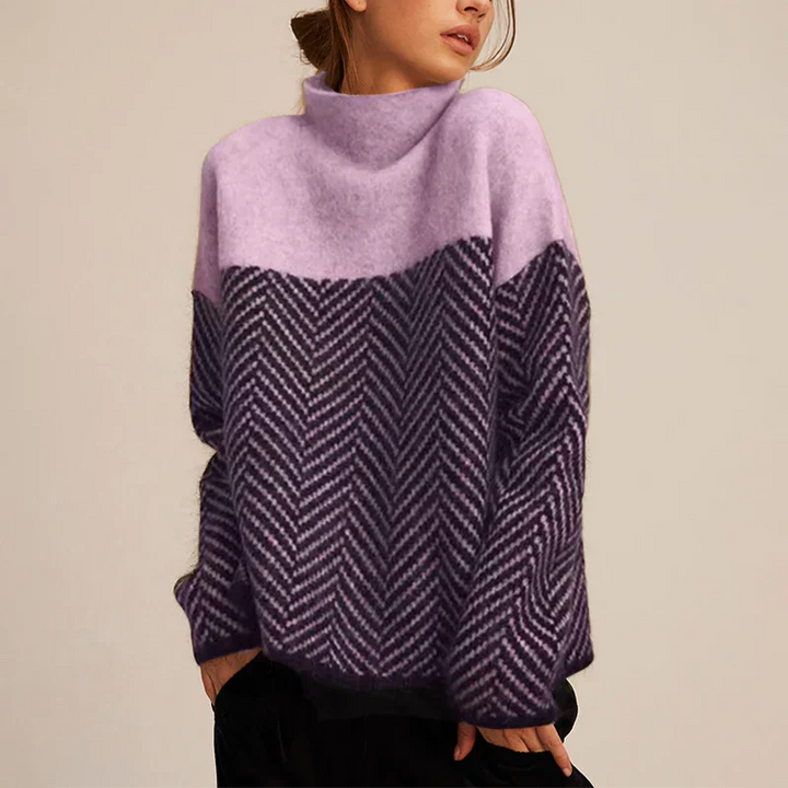Cora | Chic Two-Tone Herringbone High Neck Sweater