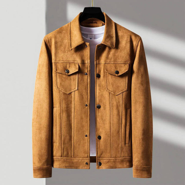 Eliza | Stylish Men's Tan Suede Trucker Jacket With Button Front