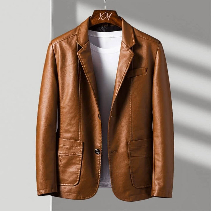 Tobias | Elegant Brown Italian Leather Blazer With Two-Button Closure