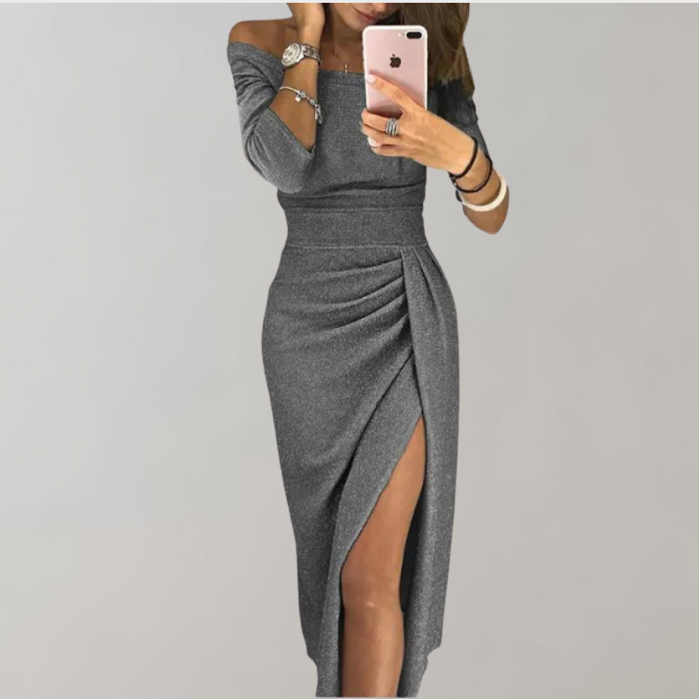 Elyse | Elegant Off-Shoulder Ruched Midi Dress With Side Slit