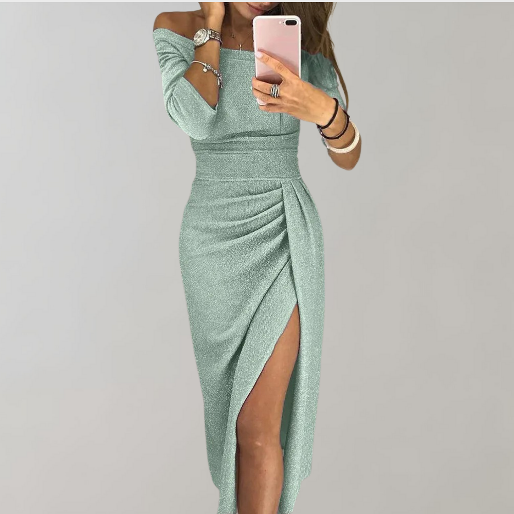 Elyse | Elegant Off-Shoulder Ruched Midi Dress With Side Slit