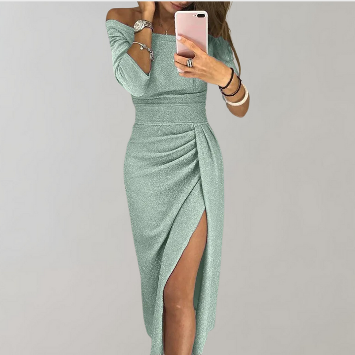 Elyse | Elegant Off-Shoulder Ruched Midi Dress With Side Slit