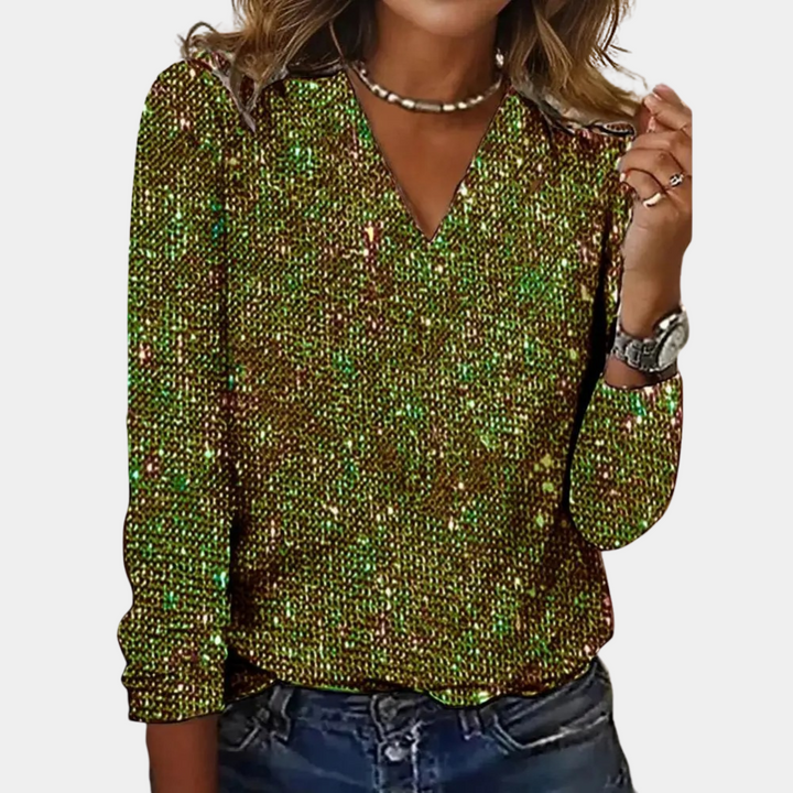 Francis | Elegant Red Sequin V-Neck Long Sleeve Blouse for Women