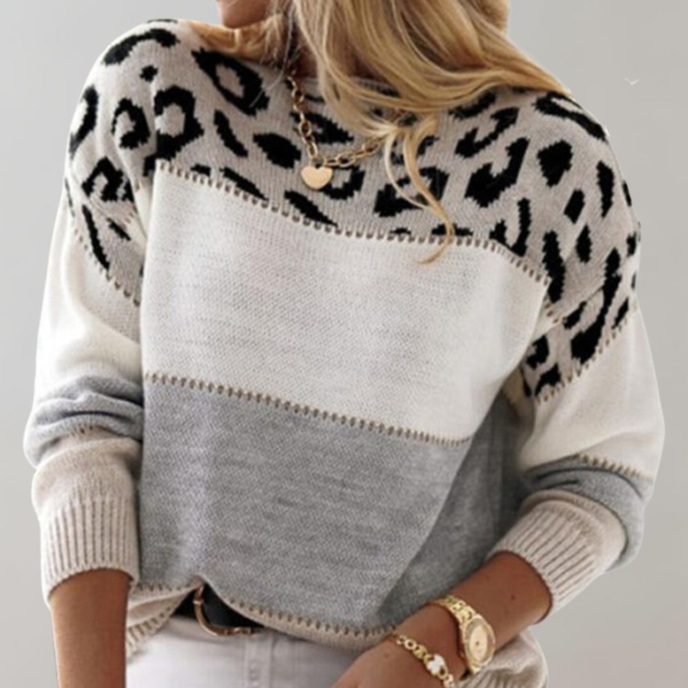 Cordelia | Chic Leopard Print Color Block Crew Neck Sweater