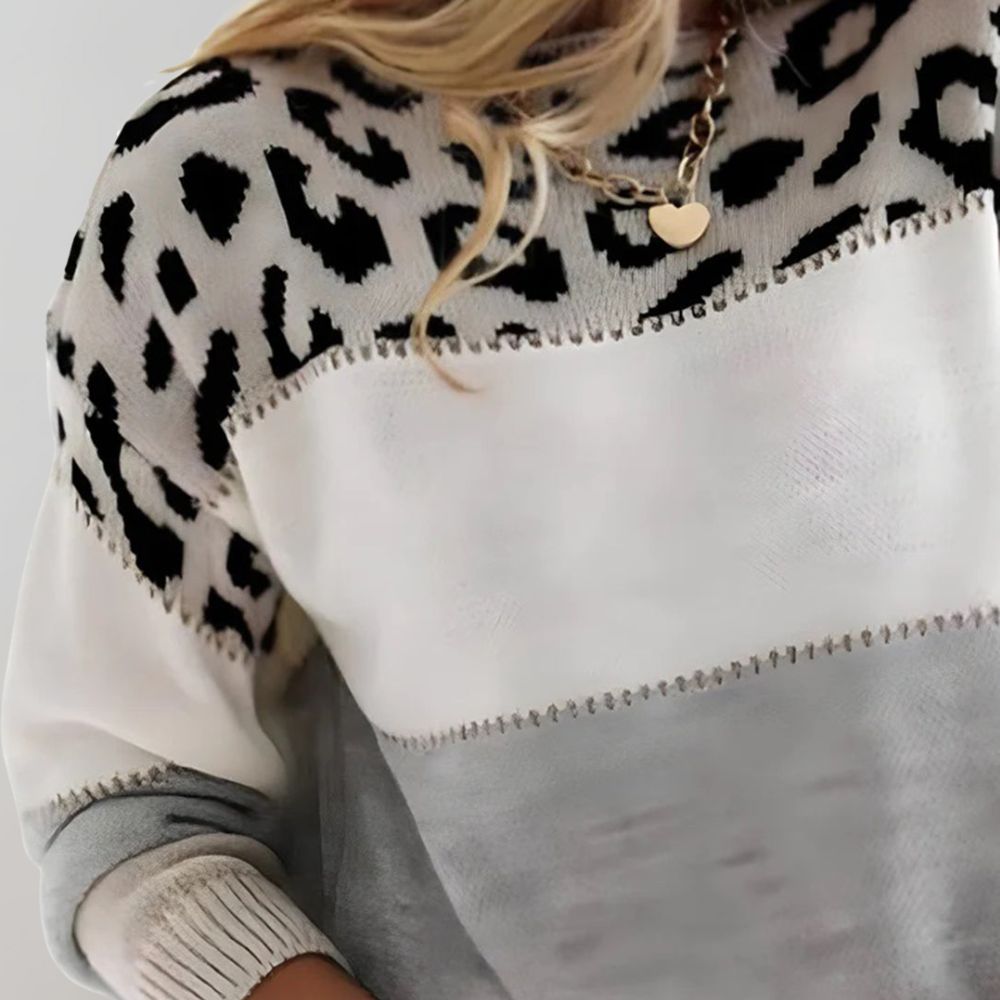 Cordelia | Chic Leopard Print Color Block Crew Neck Sweater