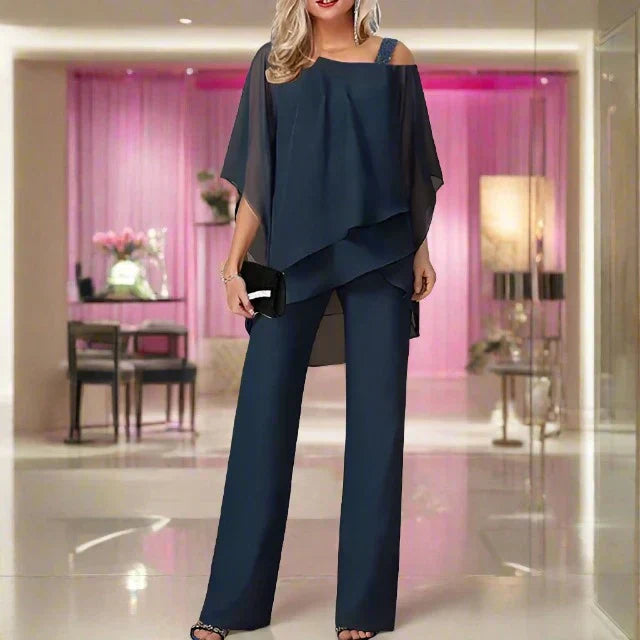 Esther | Elegant V-Neck Chiffon Two Piece Set With Wide Leg