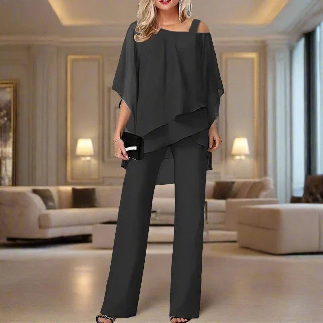 Esther | Elegant V-Neck Chiffon Two Piece Set With Wide Leg