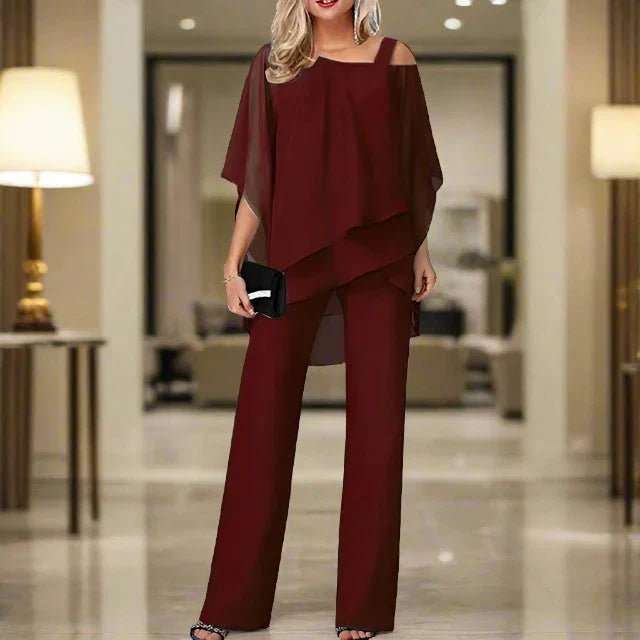 Esther | Elegant V-Neck Chiffon Two Piece Set With Wide Leg