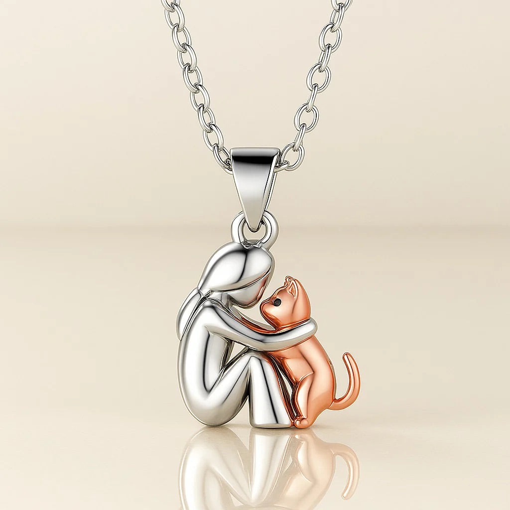 Serena | Elegant Cat Embrace Pendant Necklace Silver Rose Gold
