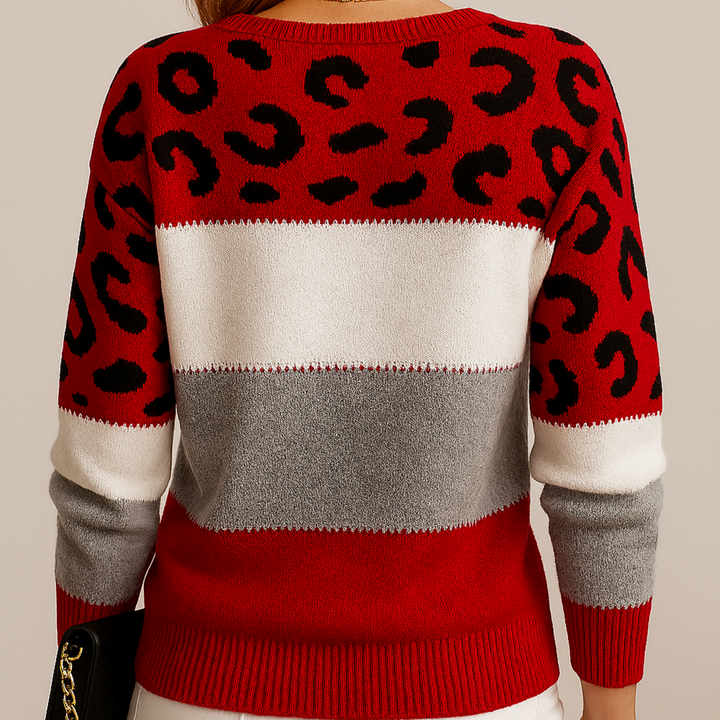 Riley | Chic Leopard Print Color Block Crew Neck Sweater