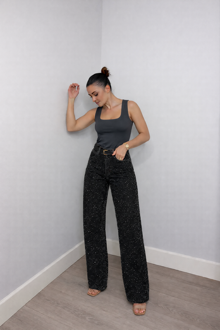 Emma | Stylish High Waisted Wide Leg Glitter Jeans