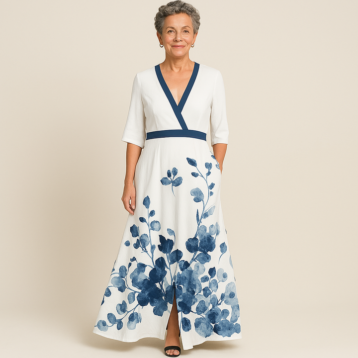 Margot | Elegant V-Neck Wrap Maxi Dress With Contrast Trim