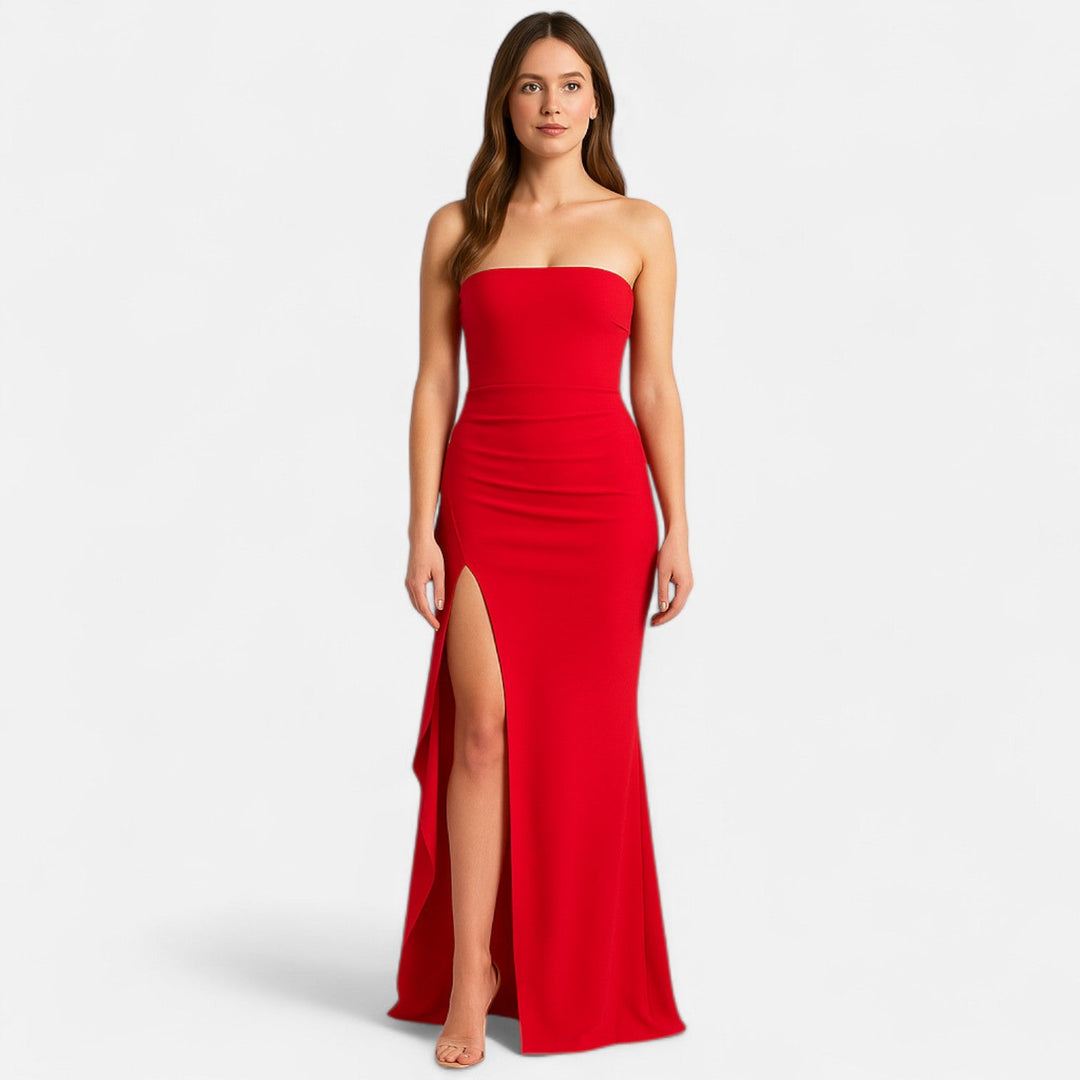 Elyse | Elegant Strapless Red Maxi Dress With High Slit