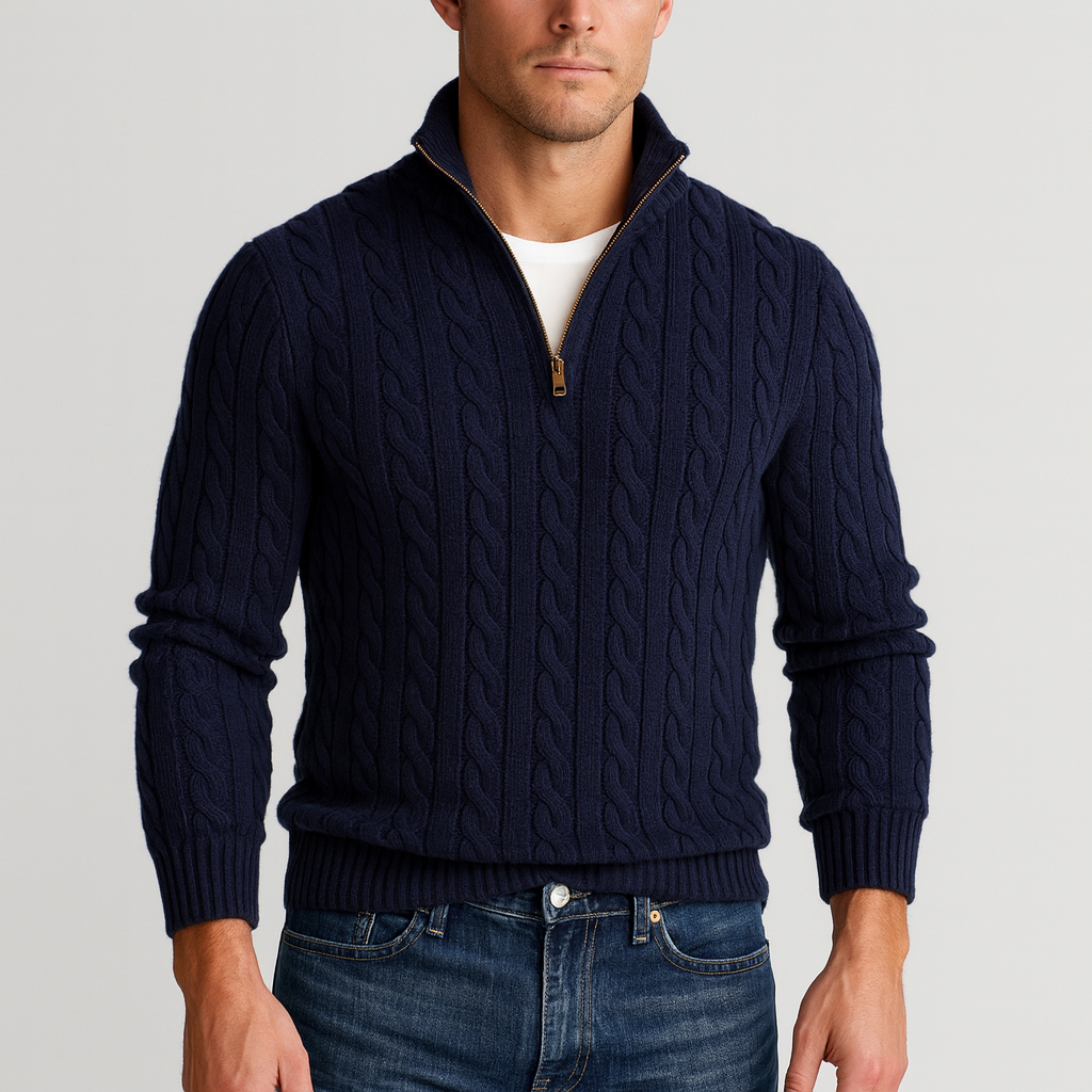 Phoebe | Elegant Men's Grey Cable Knit Quarter Zip Pullover