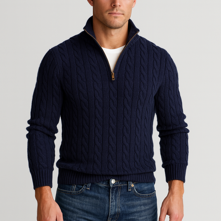Phoebe | Elegant Men's Grey Cable Knit Quarter Zip Pullover