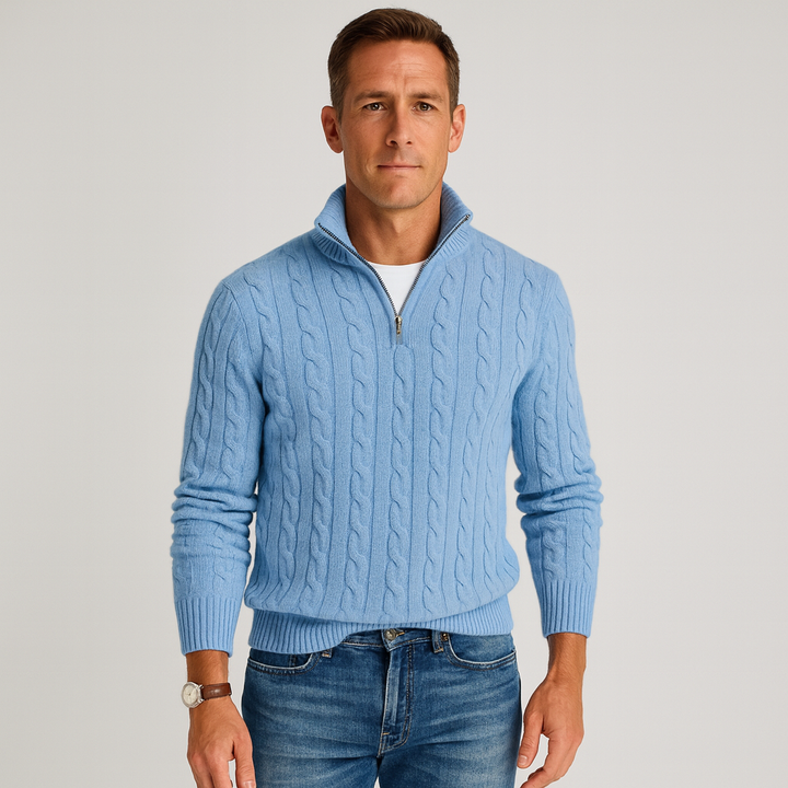 Phoebe | Elegant Men's Grey Cable Knit Quarter Zip Pullover